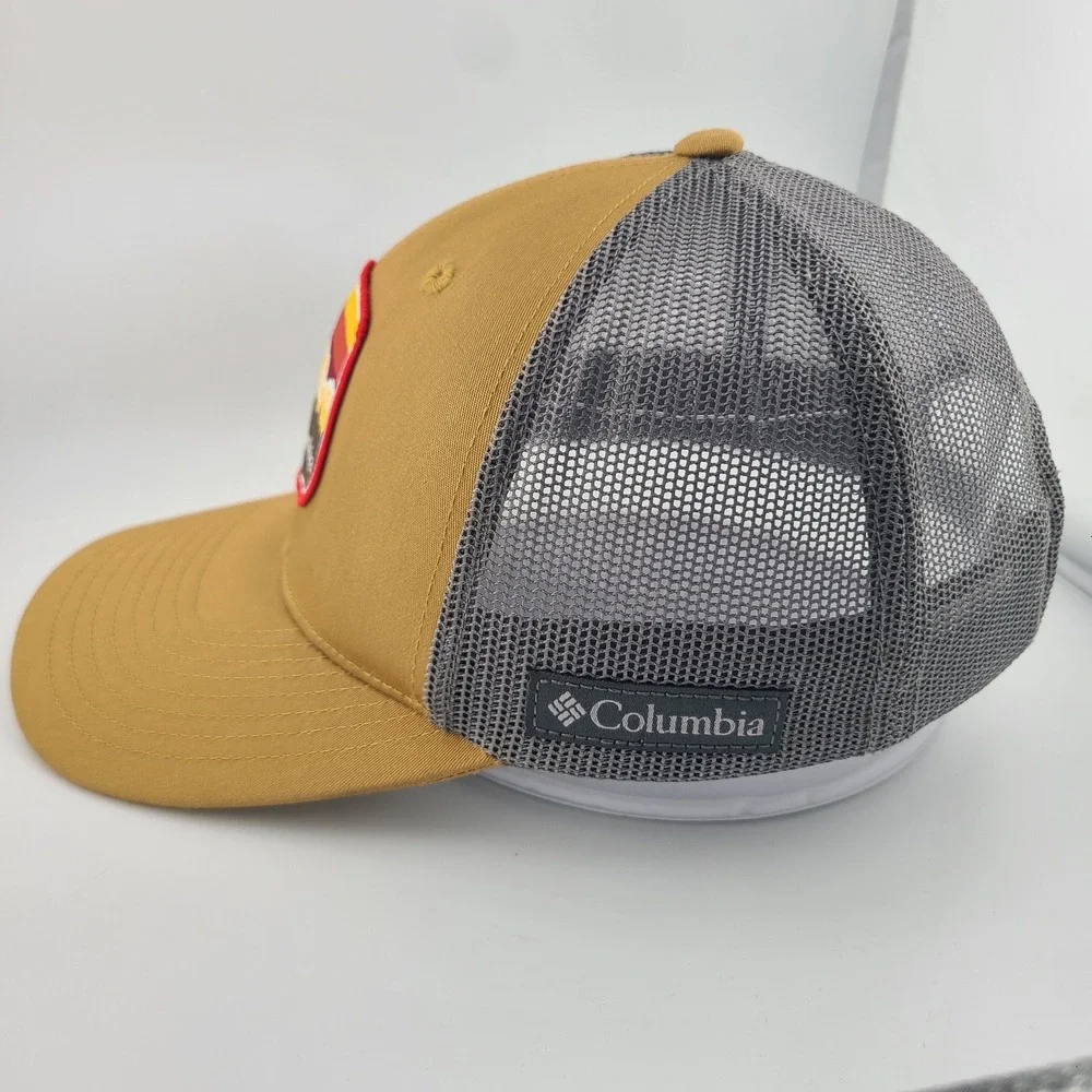 Columbia Trucker Cap Mens Tan Gray Mesh Back Bear Mountain Patch Snapback Hat